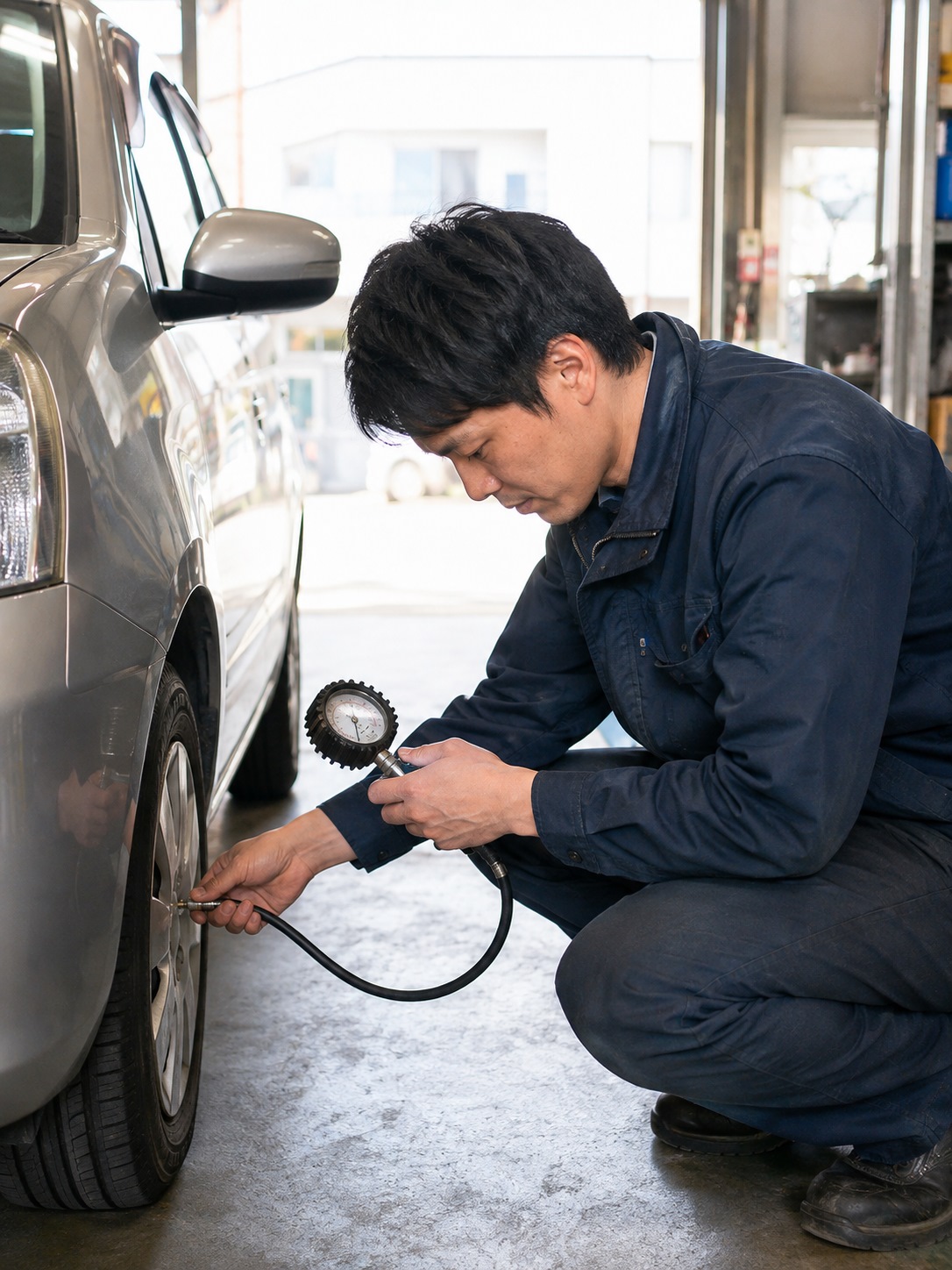 リフトアップした車のタイヤ空気圧を点検する整備士