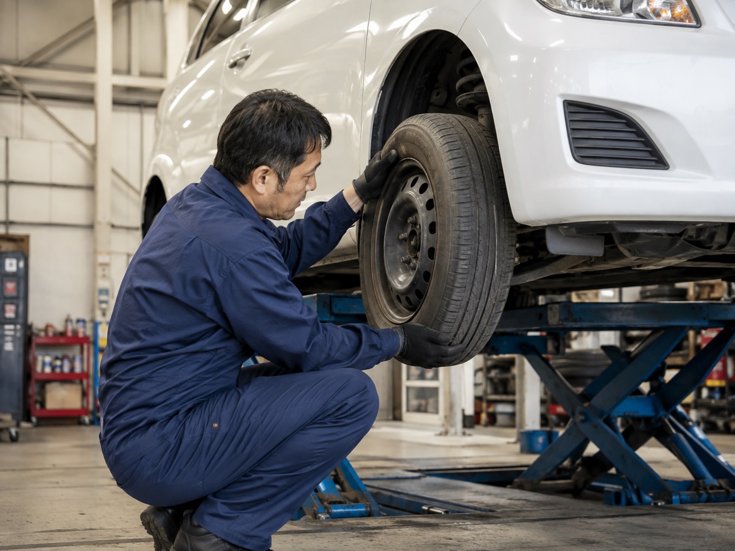 リフトで持ち上げた車のタイヤを取り付ける整備士
