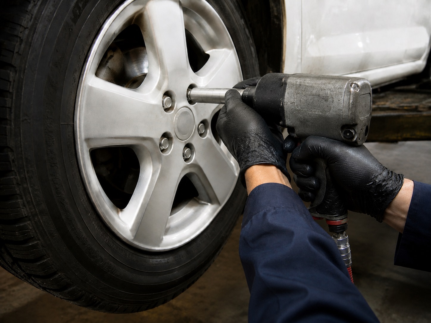 インパクトレンチでホイールナットを締める作業の様子